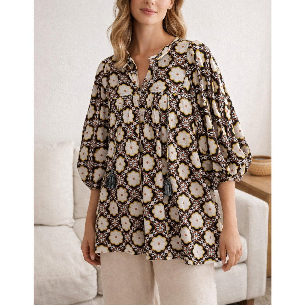 Mille Thalia Top Womens Large Multicolor Floral Tassel Babydoll Cover-Up Tunic